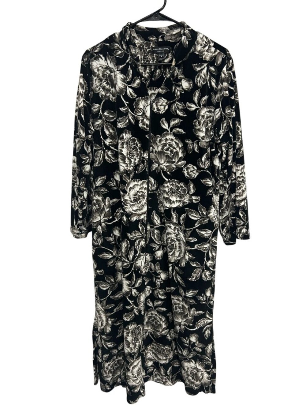 Miss Elaine Medium Black White Floral Zip-Up Duster Robe Velour Cozycore Retro